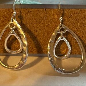 Pair of hammered metal double teardrop dangle earrings. Silver colored. NWOT.